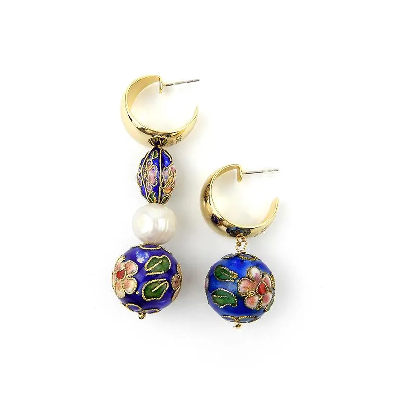 Asymmetrical Cloisonne Pearl Handmade Drop Earrings