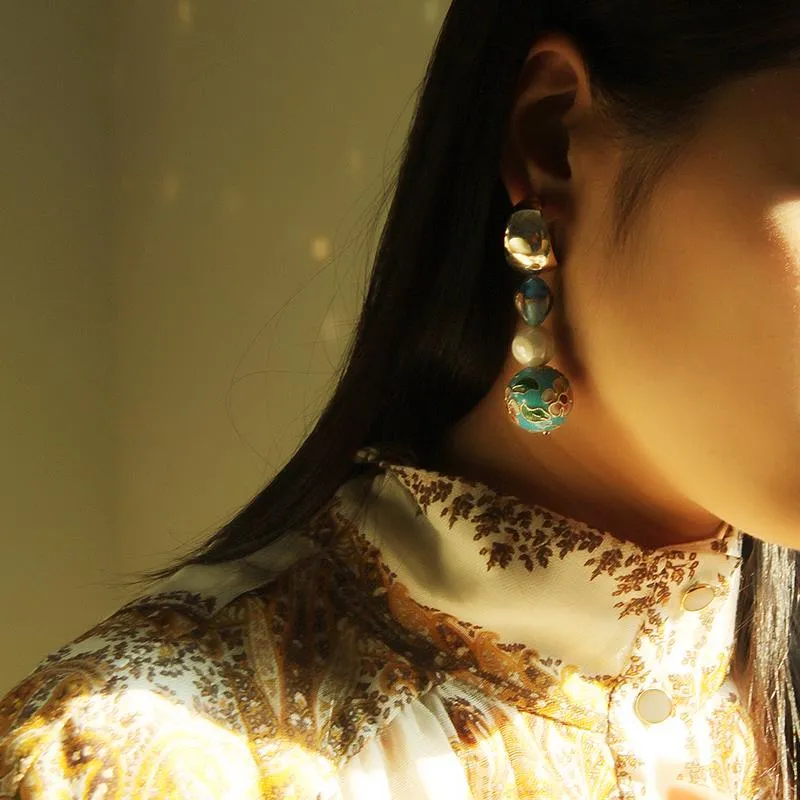 Asymmetrical Cloisonne Pearl Handmade Drop Earrings