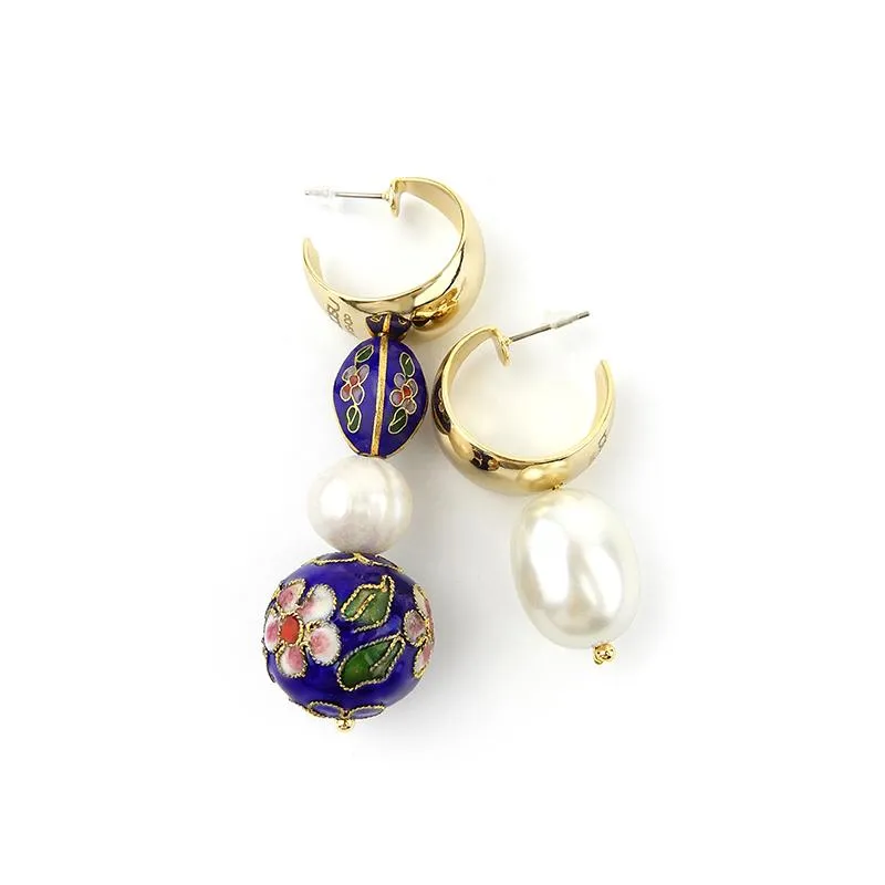 Asymmetrical Cloisonne Pearl Handmade Drop Earrings