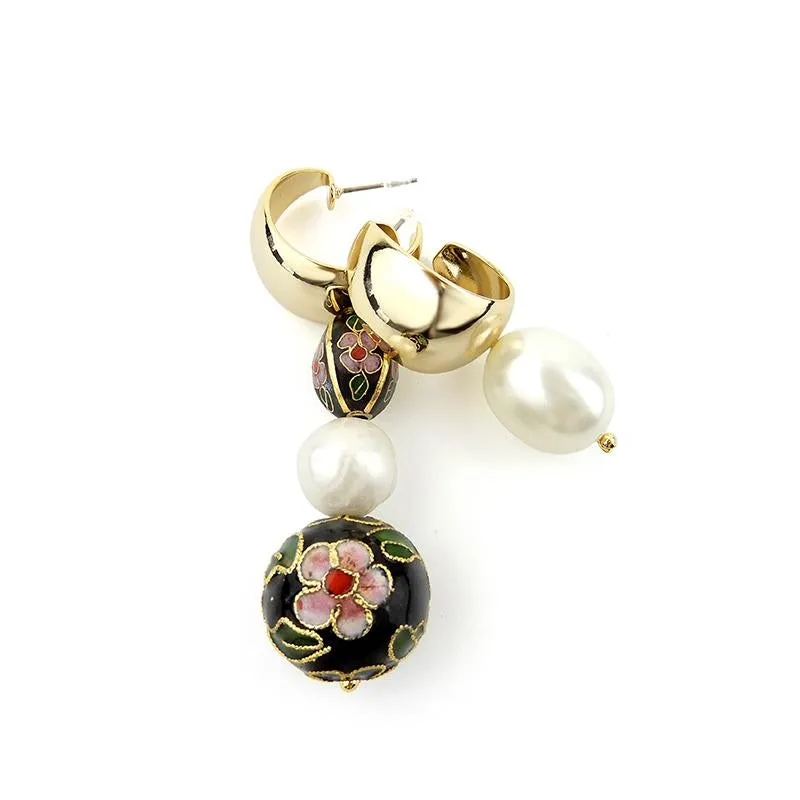 Asymmetrical Cloisonne Pearl Handmade Drop Earrings