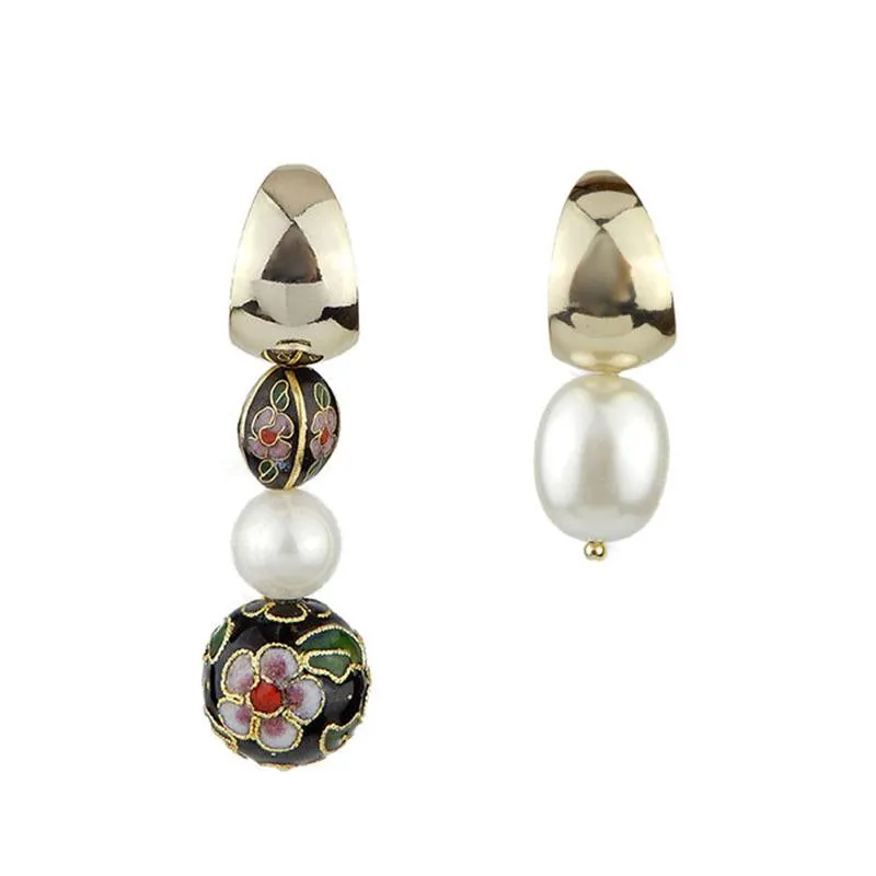 Asymmetrical Cloisonne Pearl Handmade Drop Earrings