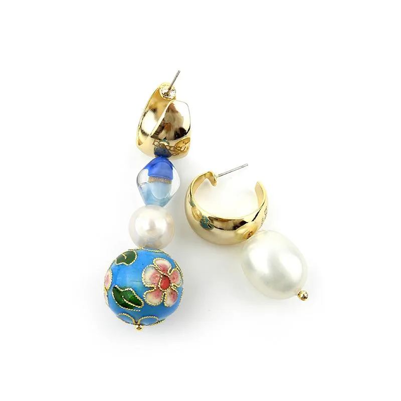 Asymmetrical Cloisonne Pearl Handmade Drop Earrings