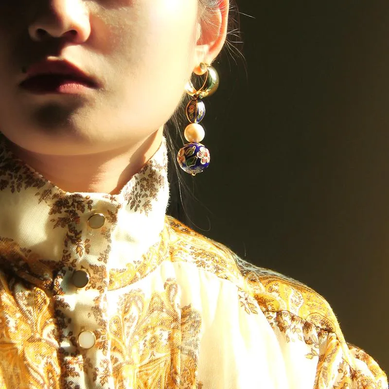 Asymmetrical Cloisonne Pearl Handmade Drop Earrings