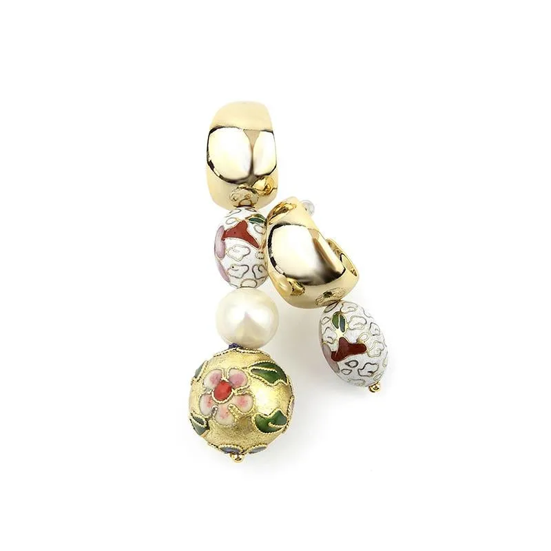 Asymmetrical Cloisonne Pearl Handmade Drop Earrings