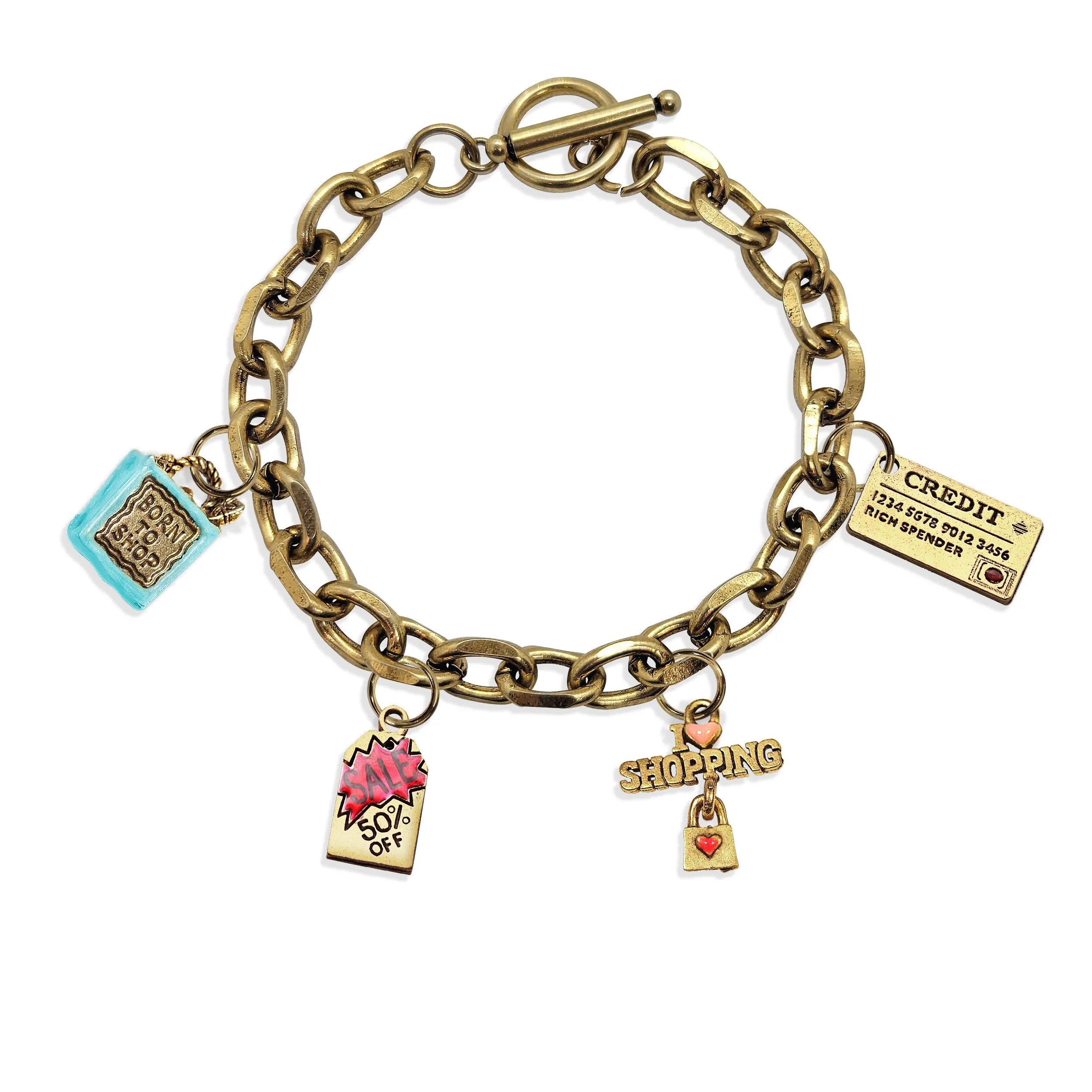 Bargain Hunter Toggle Charm Bracelet | 4 Handpainted Charms | Antique Gold or Antique Silver Finish