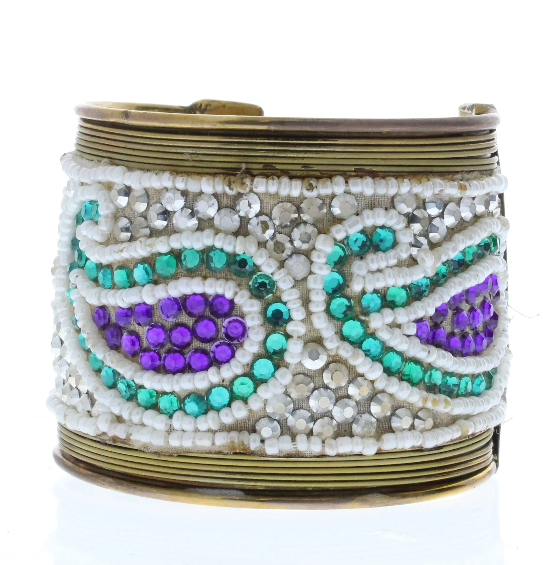 Beaded Teardrop Bracelet Cuff, Antique Brass Bead Inlay, ea