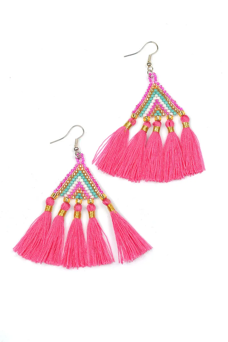 Beaded Triangle Tassel Earrings