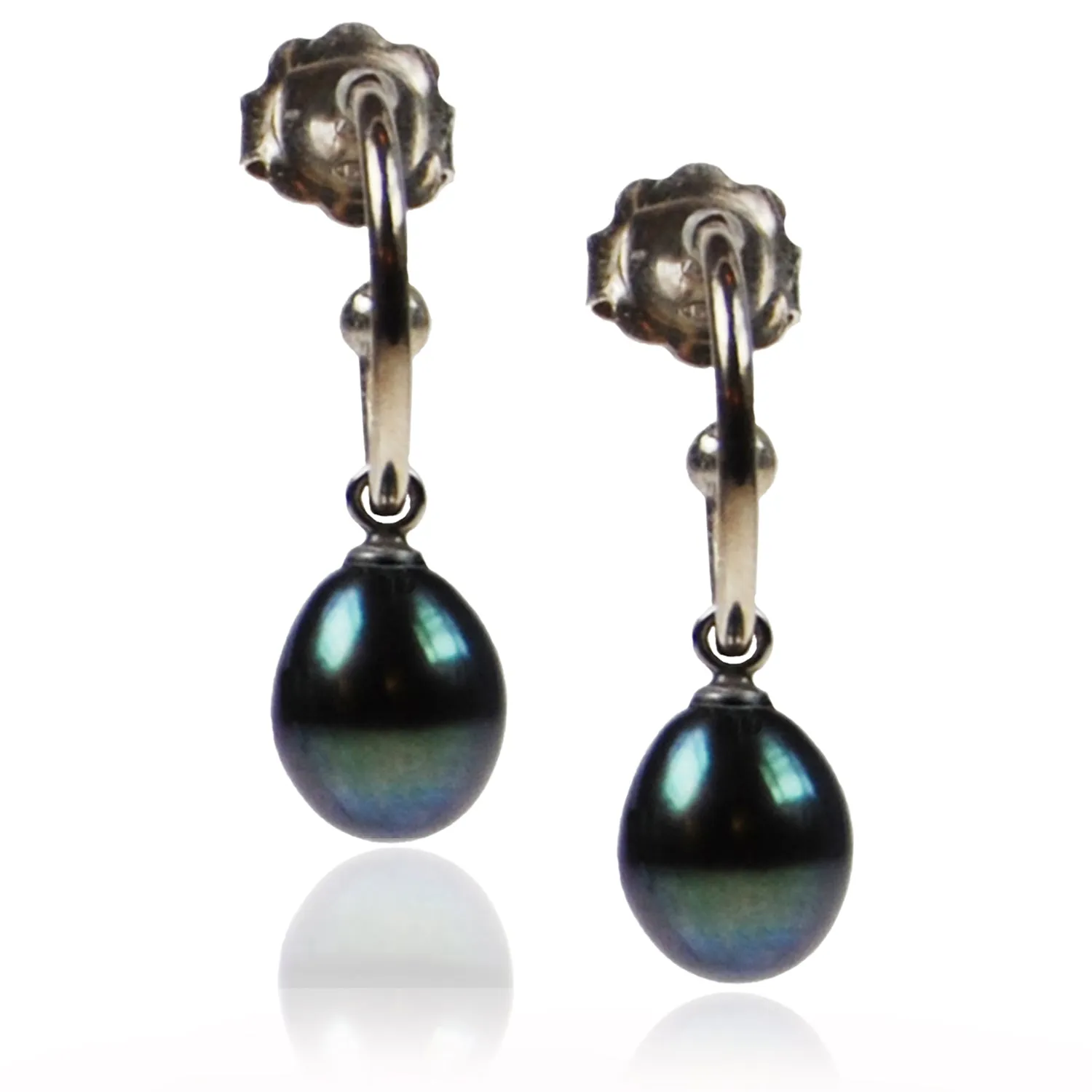 Black Freshwater Pearl Silver Hoop Earrings