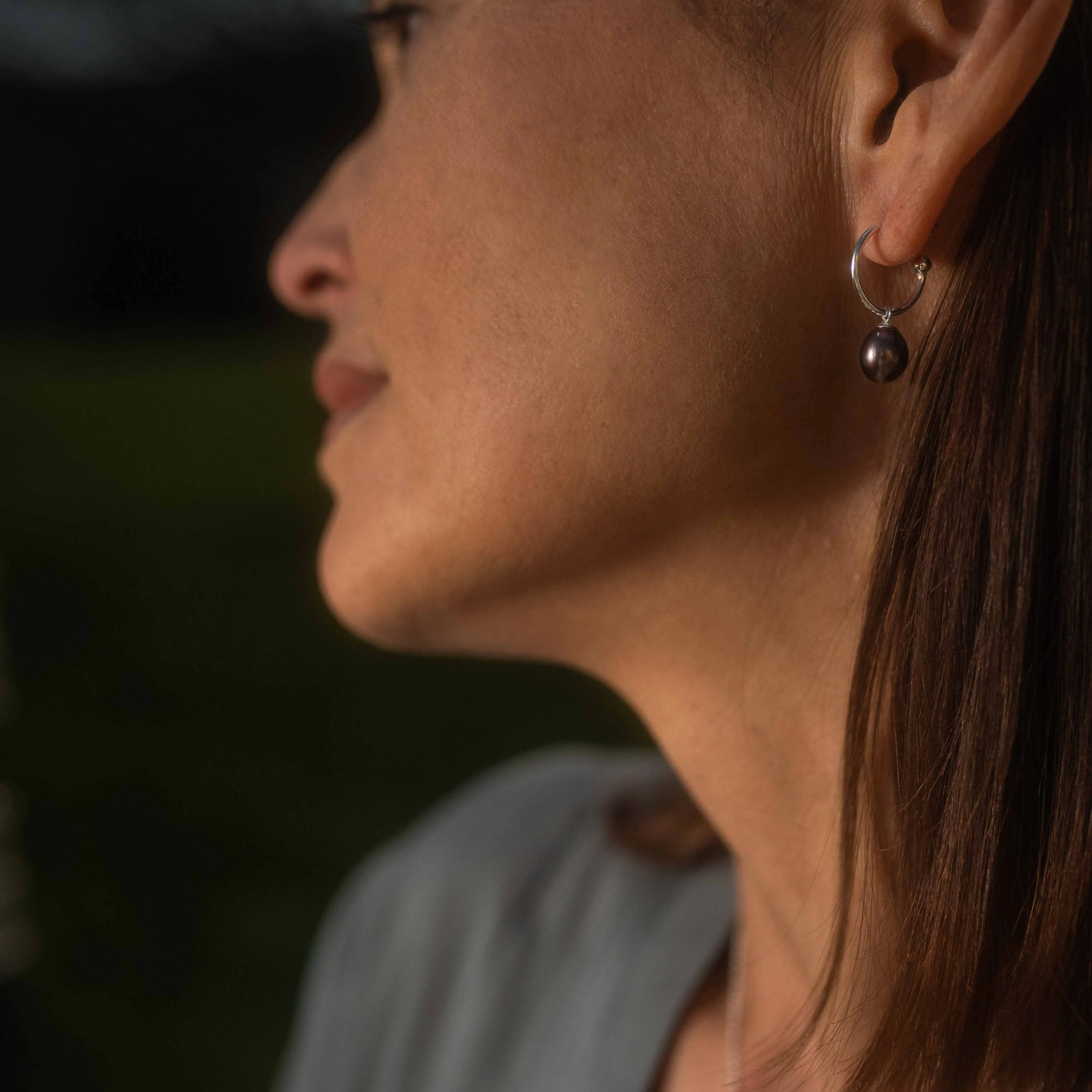 Black Freshwater Pearl Silver Hoop Earrings
