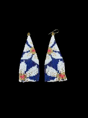 Blue with White Flower Beaded Earrings