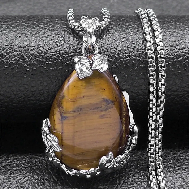 Bohemian Flower Tiger Eye Stone Necklace for Women Stainless Steel Silver Color Aesthetic Chain