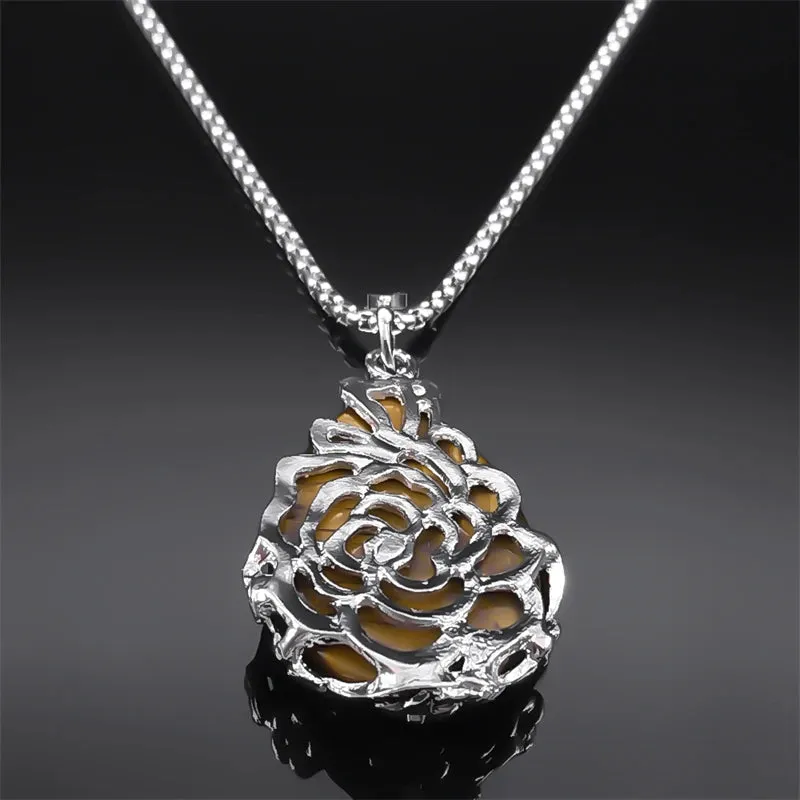 Bohemian Flower Tiger Eye Stone Necklace for Women Stainless Steel Silver Color Aesthetic Chain