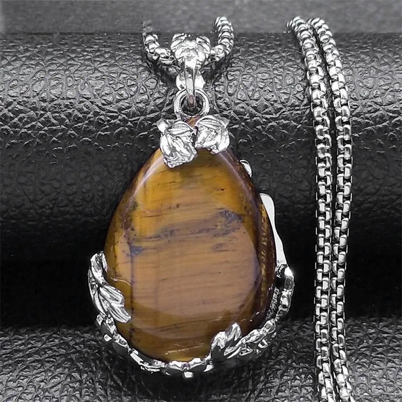 Bohemian Flower Tiger Eye Stone Necklace for Women Stainless Steel Silver Color Aesthetic Chain