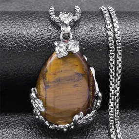 Bohemian Flower Tiger Eye Stone Necklace for Women Stainless Steel Silver Color Aesthetic Chain