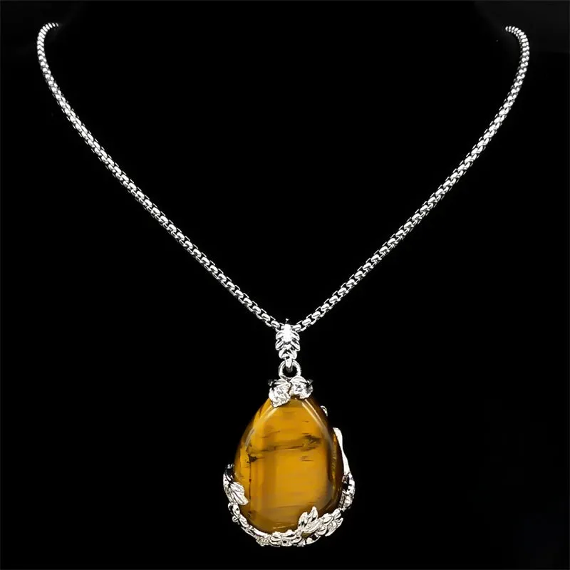 Bohemian Flower Tiger Eye Stone Necklace for Women Stainless Steel Silver Color Aesthetic Chain
