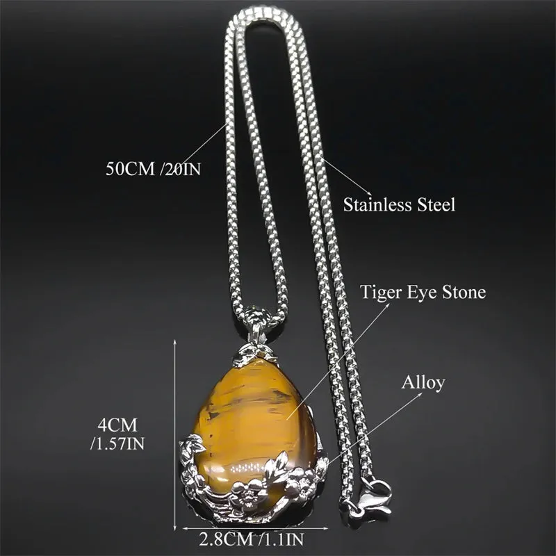 Bohemian Flower Tiger Eye Stone Necklace for Women Stainless Steel Silver Color Aesthetic Chain