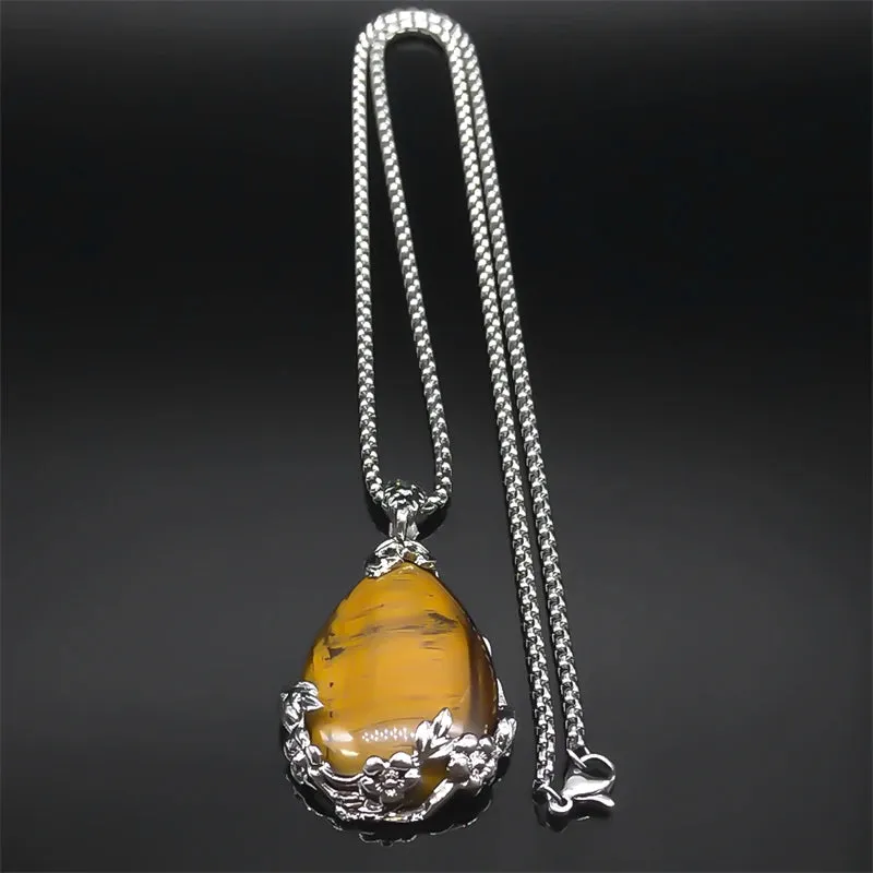 Bohemian Flower Tiger Eye Stone Necklace for Women Stainless Steel Silver Color Aesthetic Chain