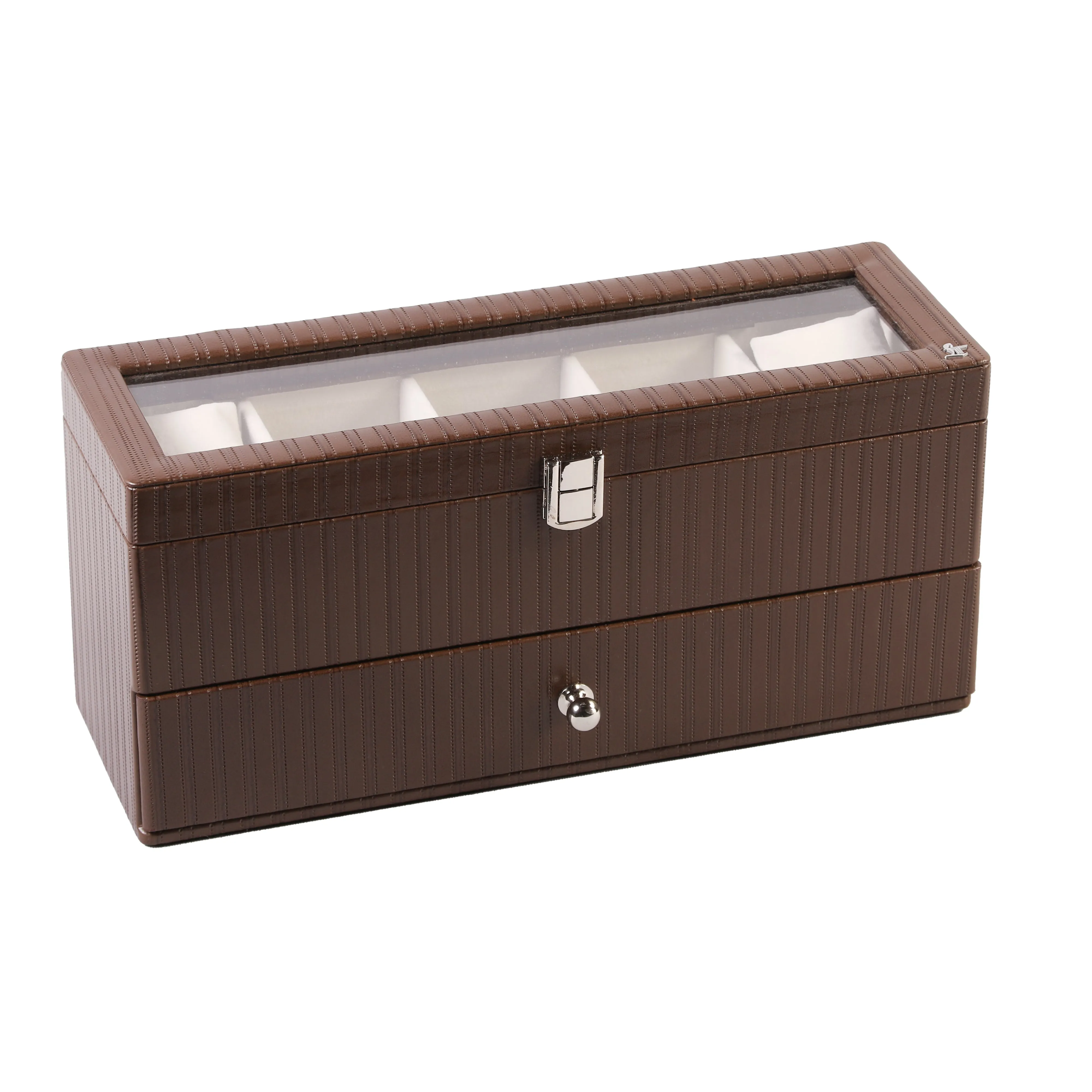 Bronx II Leather Watch Box / Case | 100% Genuine Leather | Can Hold 10 Watches | Acrylic Glass Top | Color:  Stitch Brown