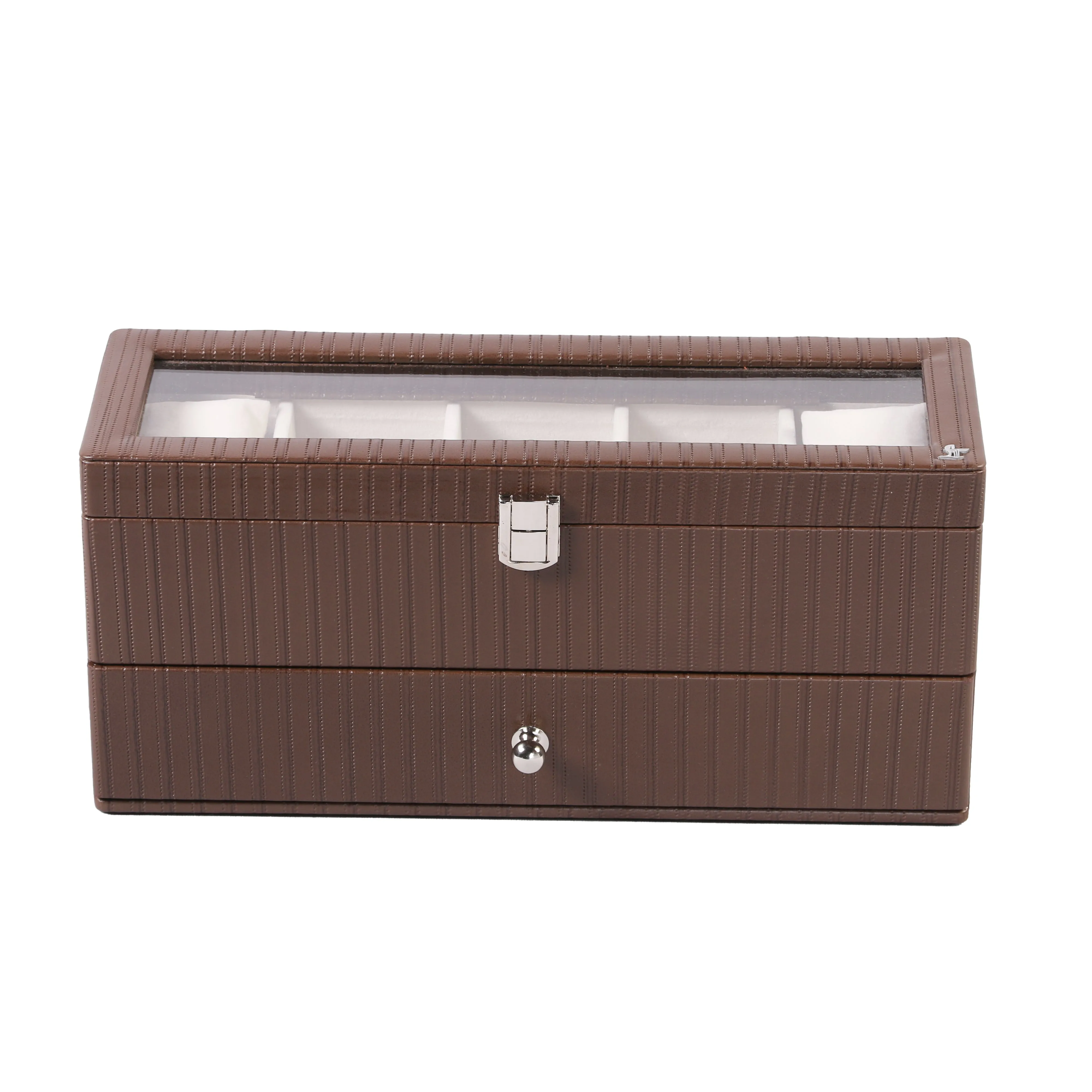 Bronx II Leather Watch Box / Case | 100% Genuine Leather | Can Hold 10 Watches | Acrylic Glass Top | Color:  Stitch Brown