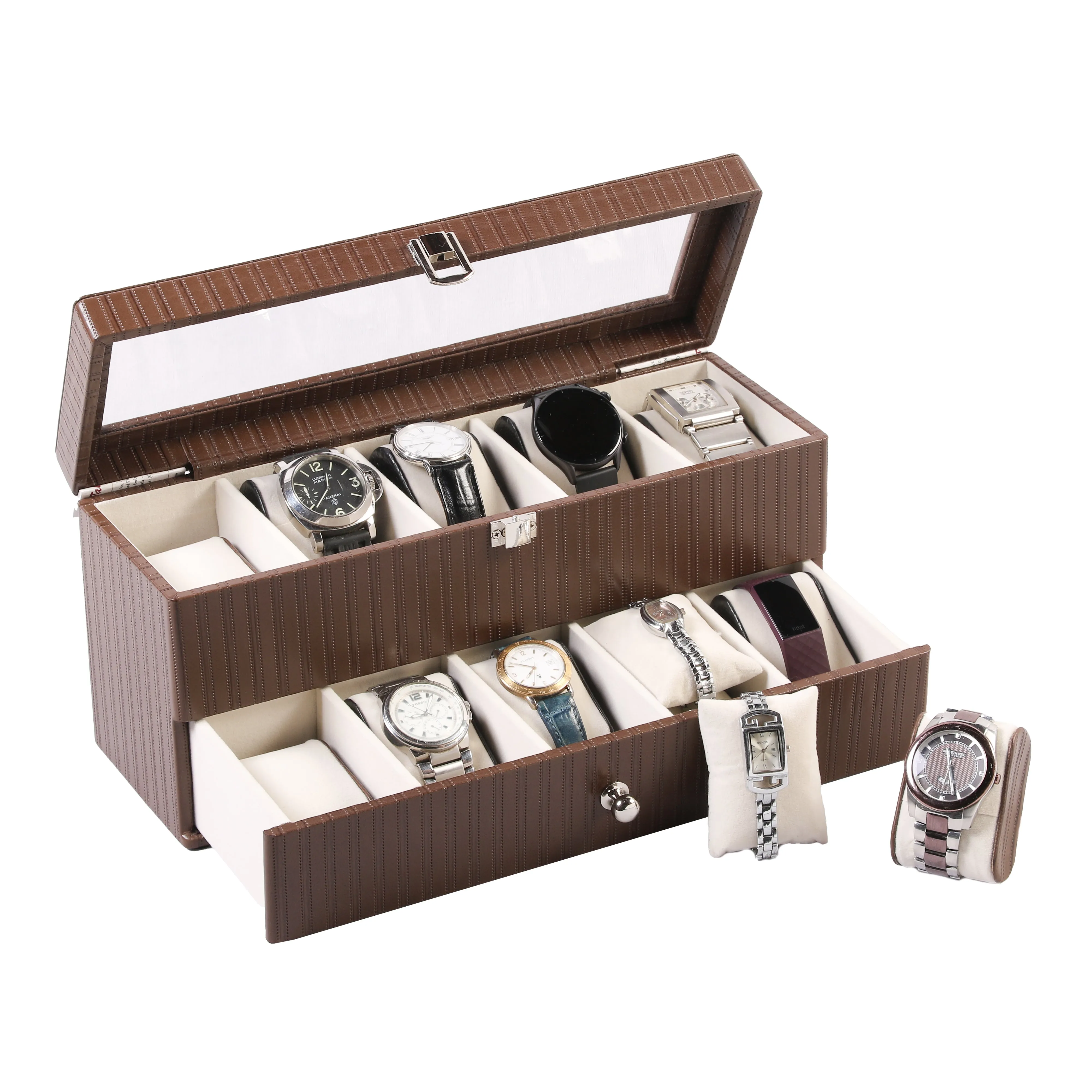 Bronx II Leather Watch Box / Case | 100% Genuine Leather | Can Hold 10 Watches | Acrylic Glass Top | Color:  Stitch Brown