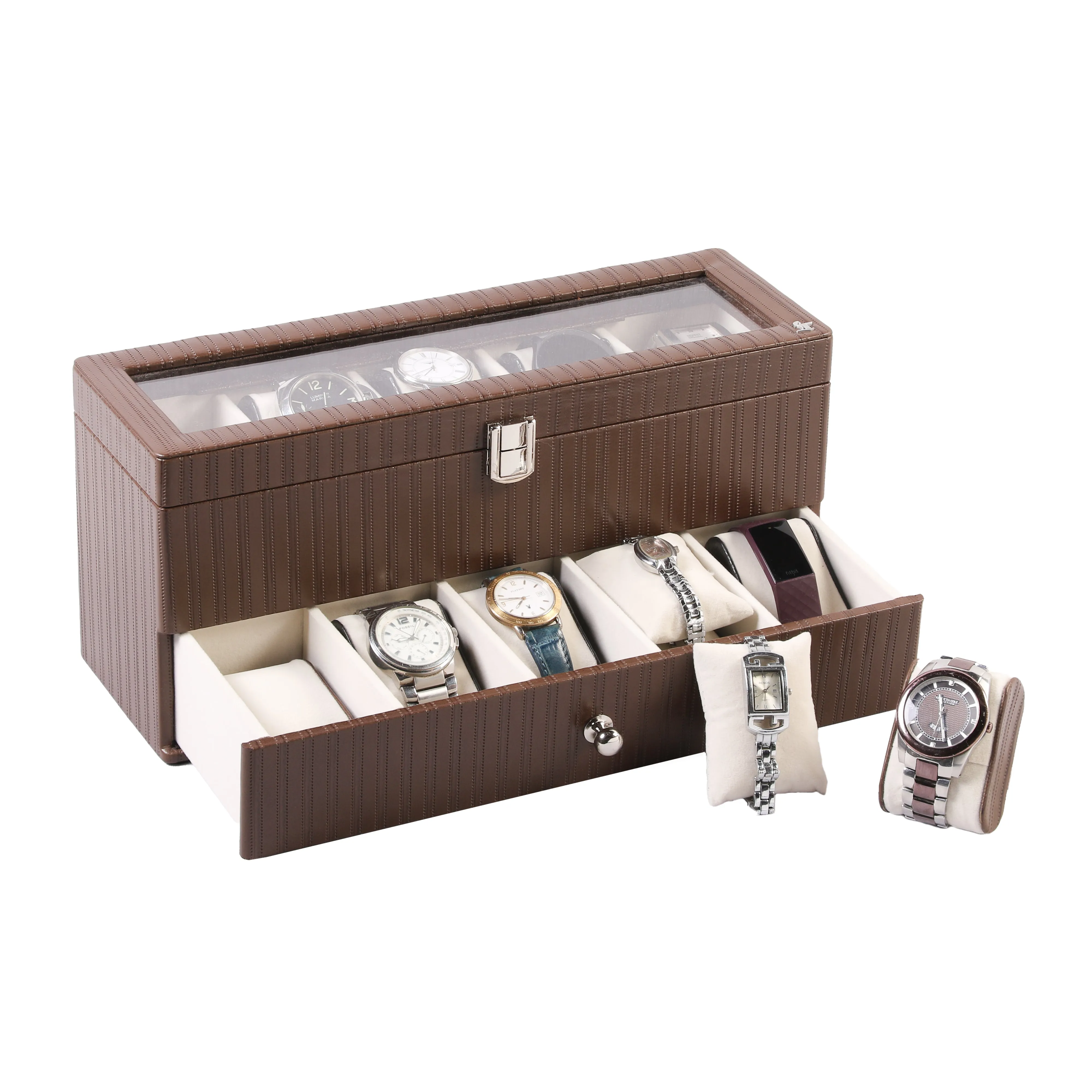 Bronx II Leather Watch Box / Case | 100% Genuine Leather | Can Hold 10 Watches | Acrylic Glass Top | Color:  Stitch Brown