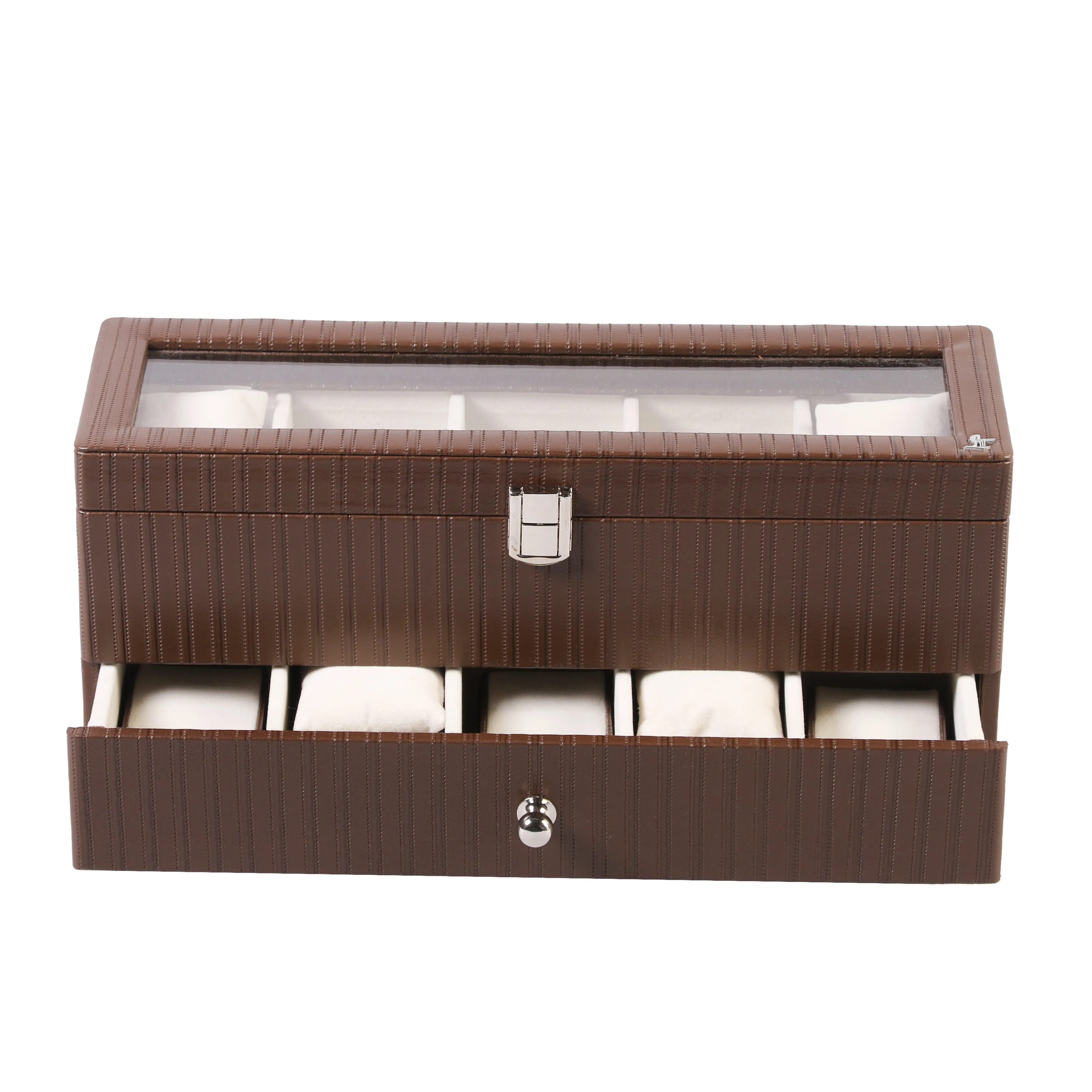 Bronx II Leather Watch Box / Case | 100% Genuine Leather | Can Hold 10 Watches | Acrylic Glass Top | Color:  Stitch Brown