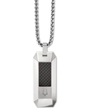 Bulova J96N001 Carbon Fiber Dog Tag Pendant Necklace in Stainless Steel, 26"   2" Extender Men Jewelry