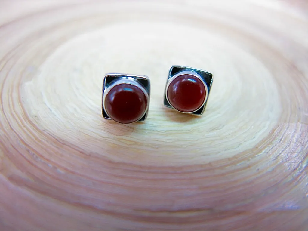 Carnelian 6mm Square Minimalist Stud Earrings in 925 Sterling Silver