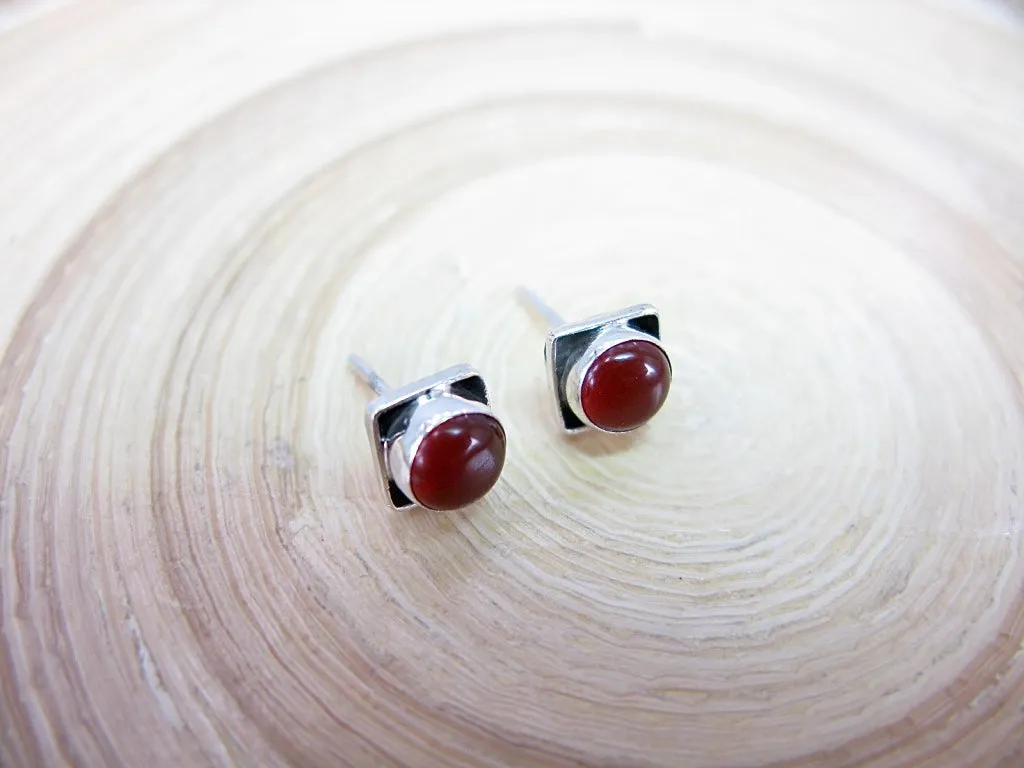 Carnelian 6mm Square Minimalist Stud Earrings in 925 Sterling Silver