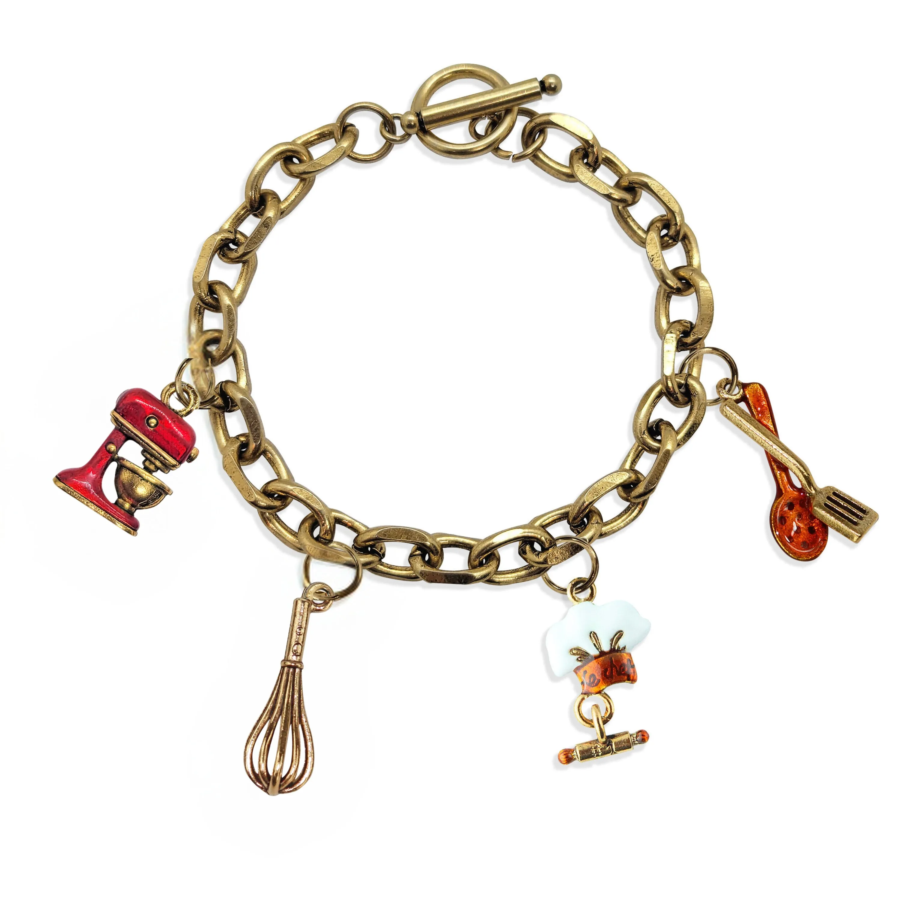 Chef Toggle Charm Bracelet | 4 Handpainted Charms | Antique Gold or Antique Silver Finish