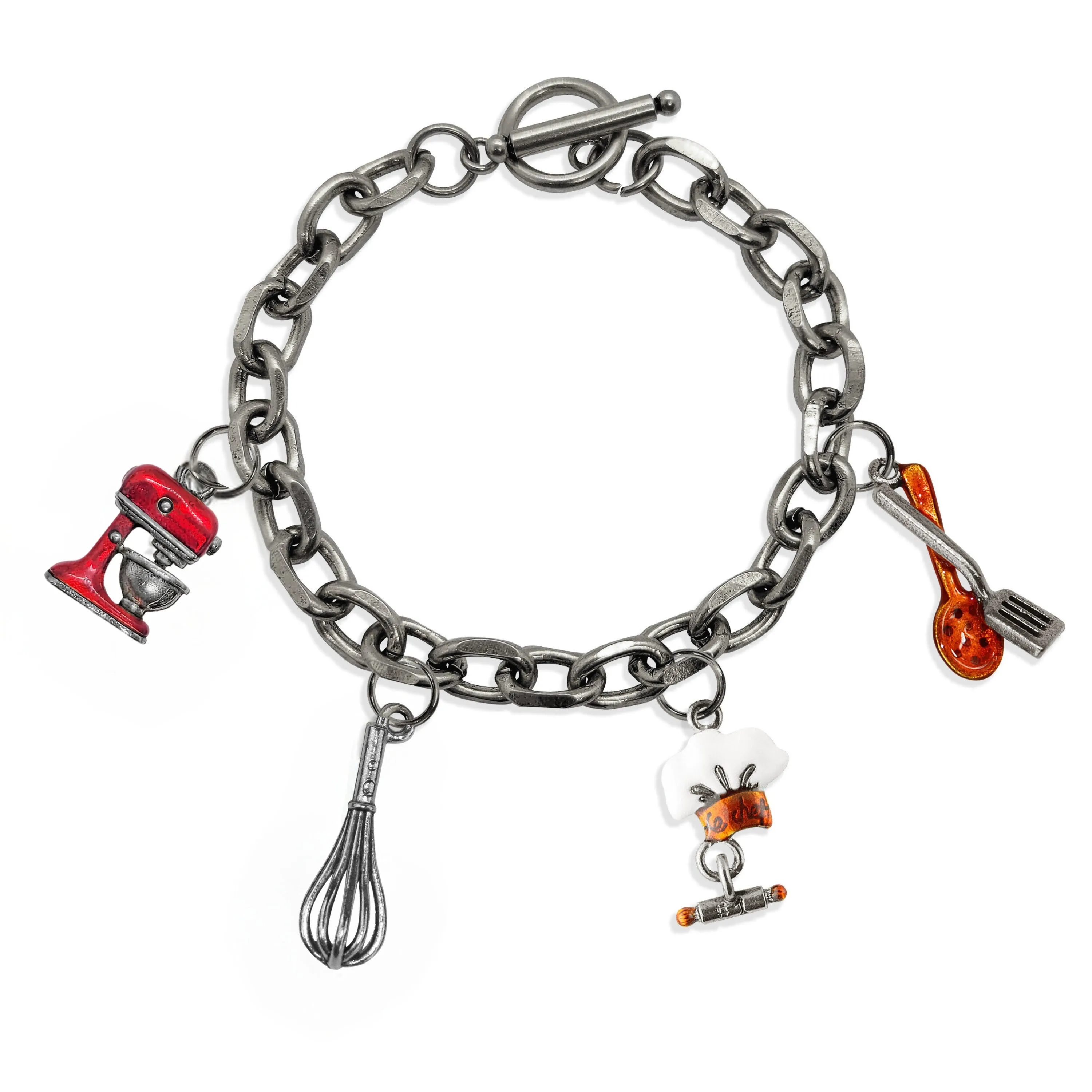 Chef Toggle Charm Bracelet | 4 Handpainted Charms | Antique Gold or Antique Silver Finish