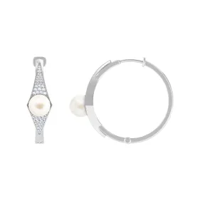Classic Freshwater Pearl Hoop Earrings with Diamond