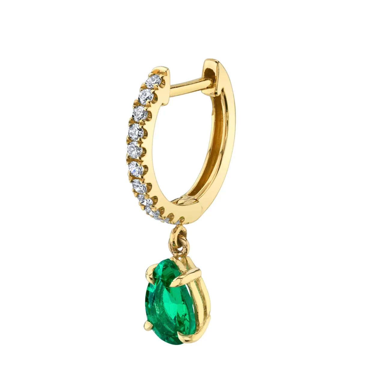 Diamond Huggie with Pear-Shaped Emerald Drop in Yellow Gold