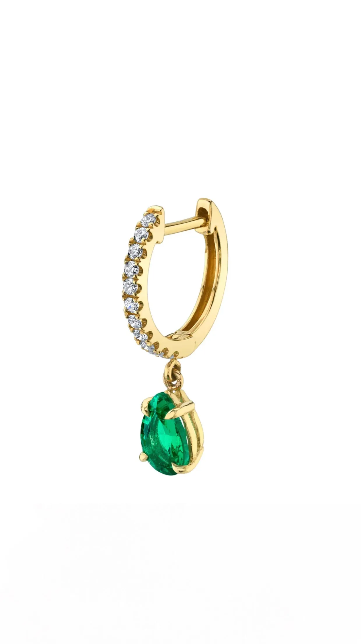 Diamond Huggie with Pear-Shaped Emerald Drop in Yellow Gold