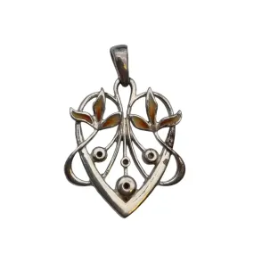 Enamelled silver heart pendant in art nouveau style, floral heart.