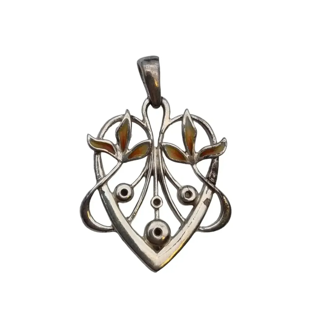 Enamelled silver heart pendant in art nouveau style, floral heart.