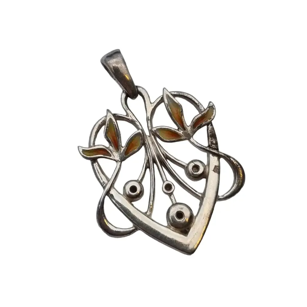 Enamelled silver heart pendant in art nouveau style, floral heart.
