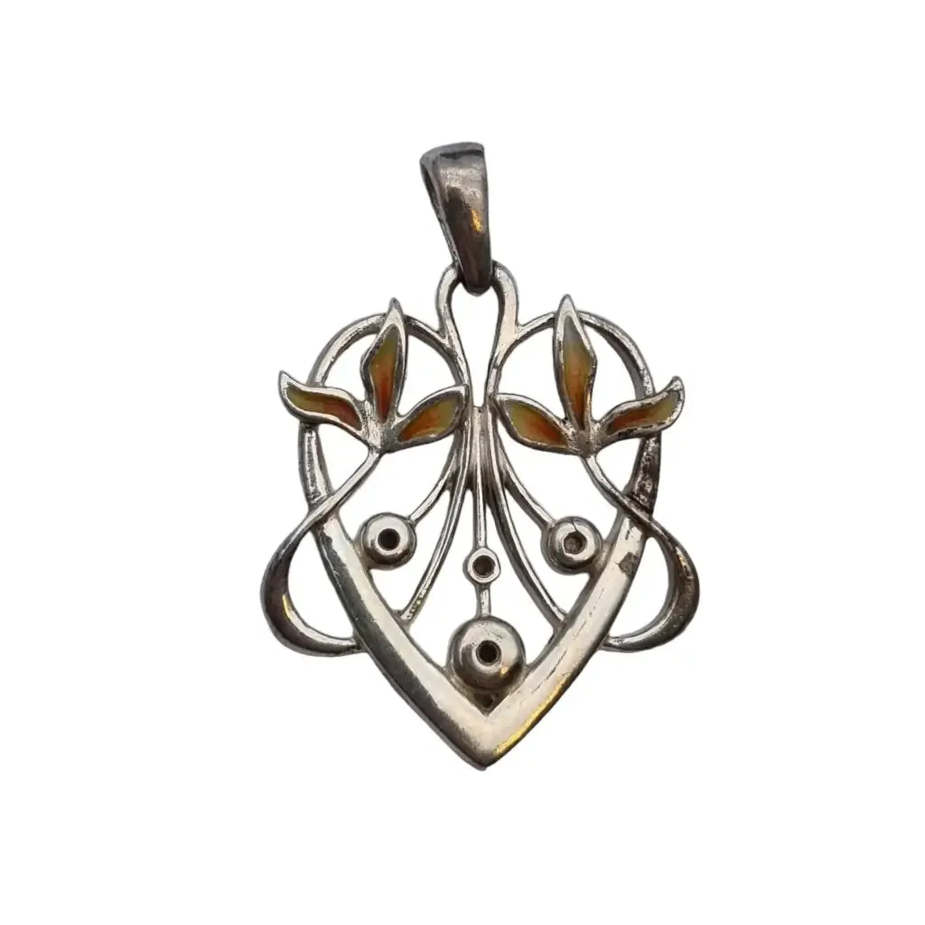 Enamelled silver heart pendant in art nouveau style, floral heart.