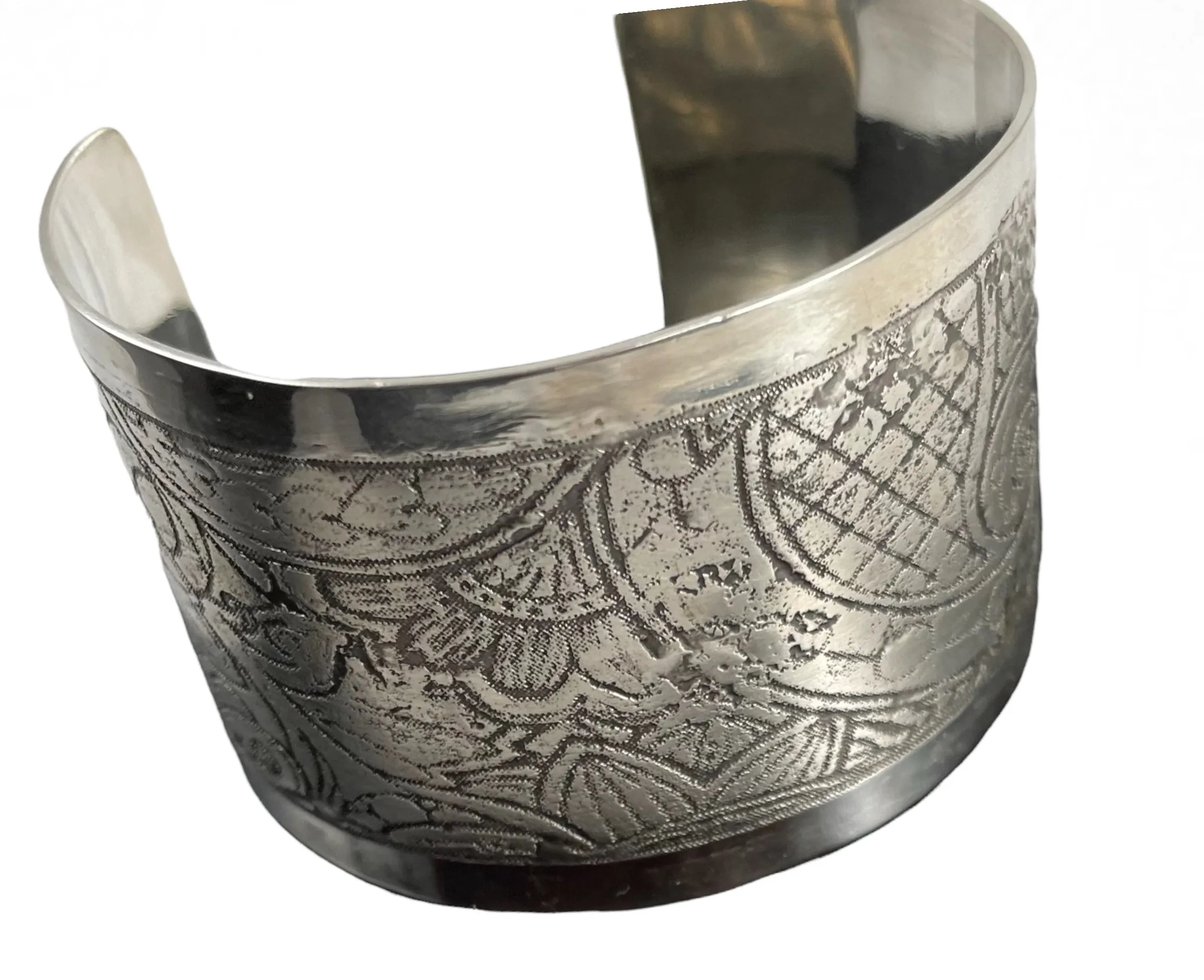 Etched Sterling Silver Cuff Bracelet - Flowers and Scrolls