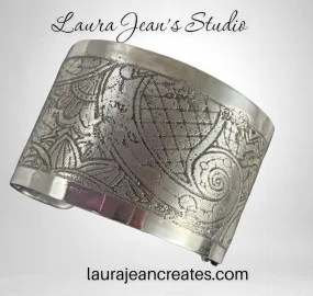 Etched Sterling Silver Cuff Bracelet - Flowers and Scrolls