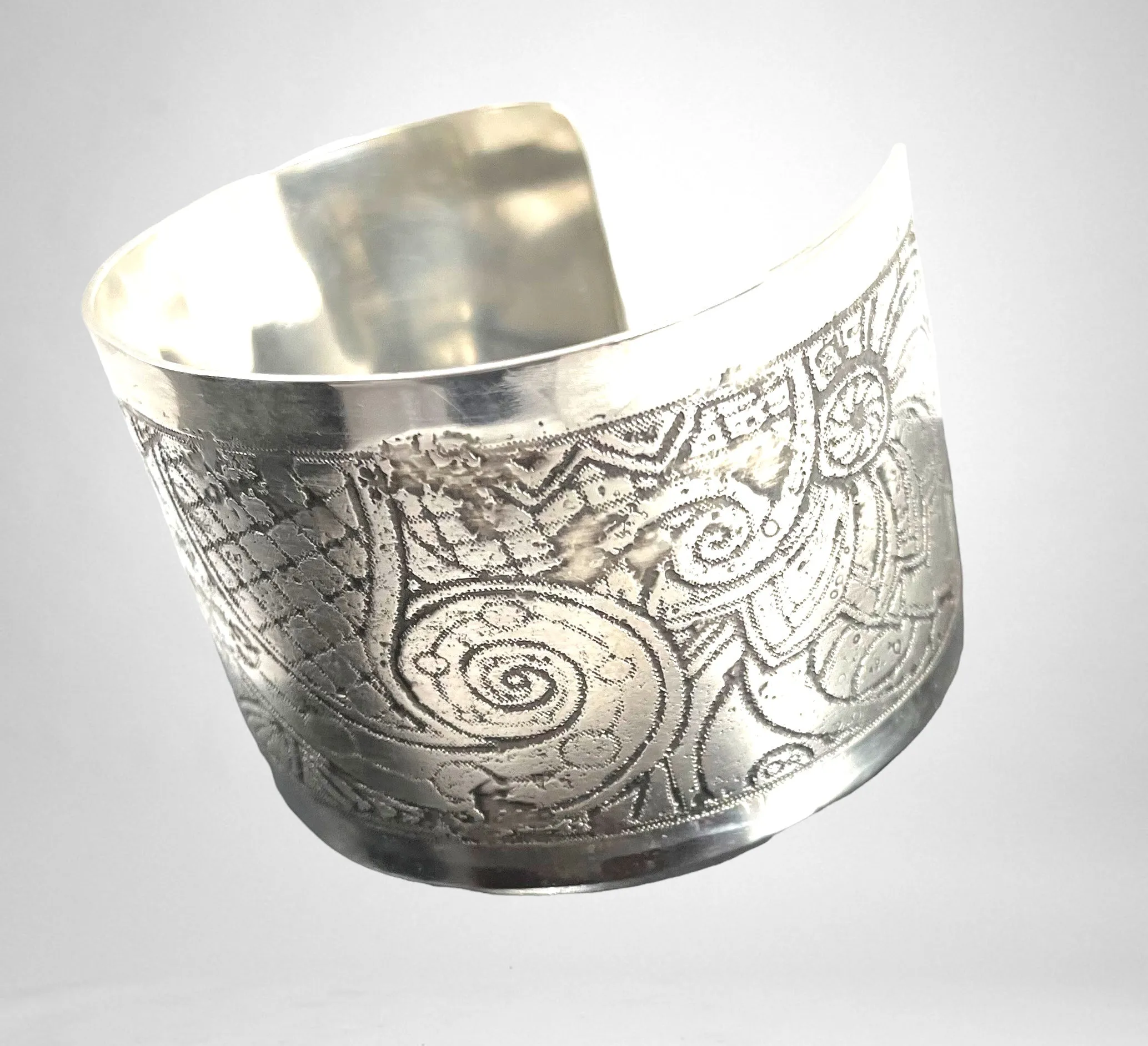 Etched Sterling Silver Cuff Bracelet - Flowers and Scrolls
