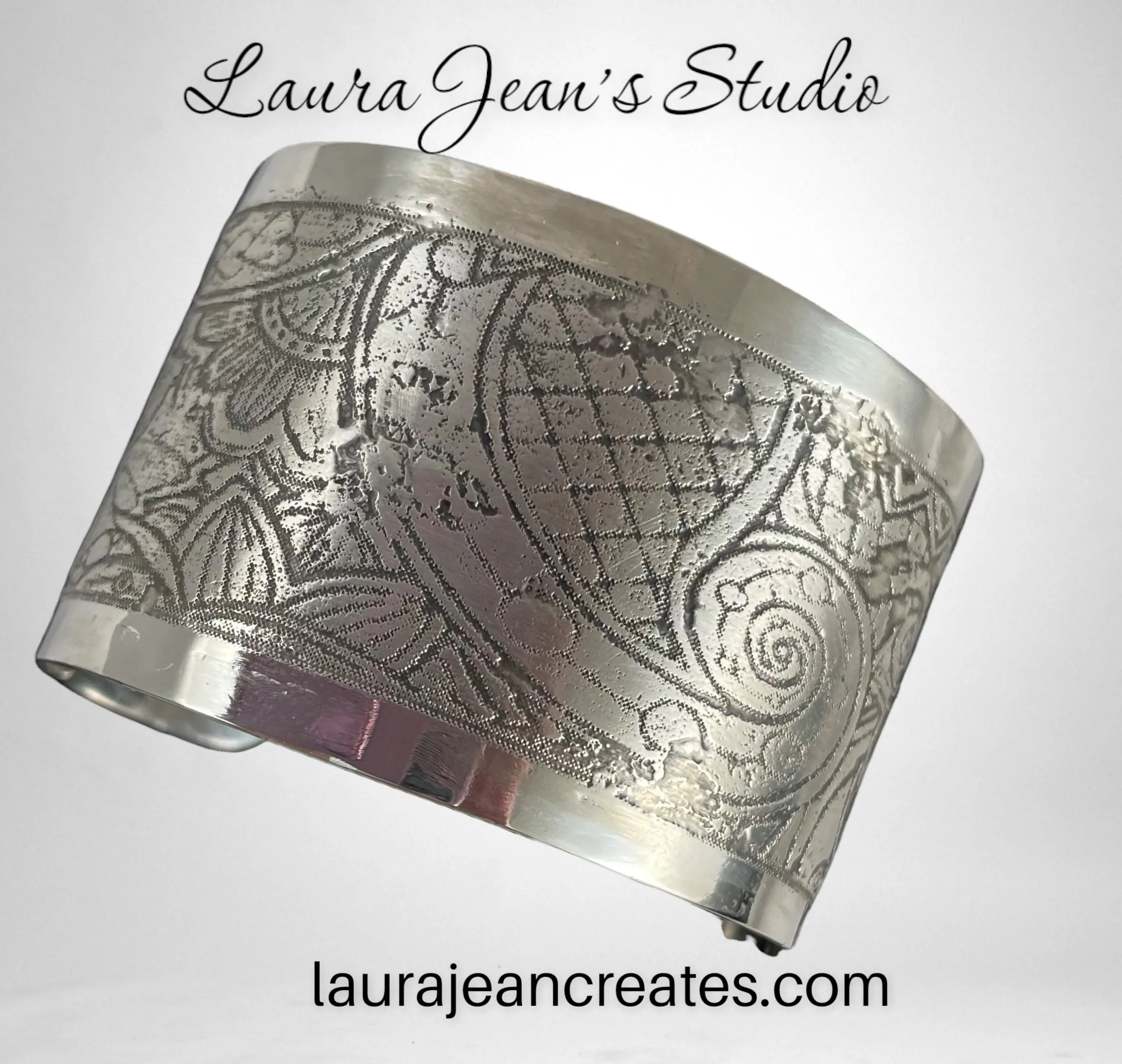 Etched Sterling Silver Cuff Bracelet - Flowers and Scrolls