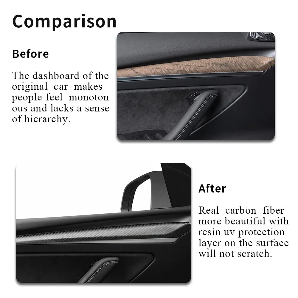 EVBASE Tesla Real Carbon Fiber Interior Front Door Trim Cover For Model 3 Y