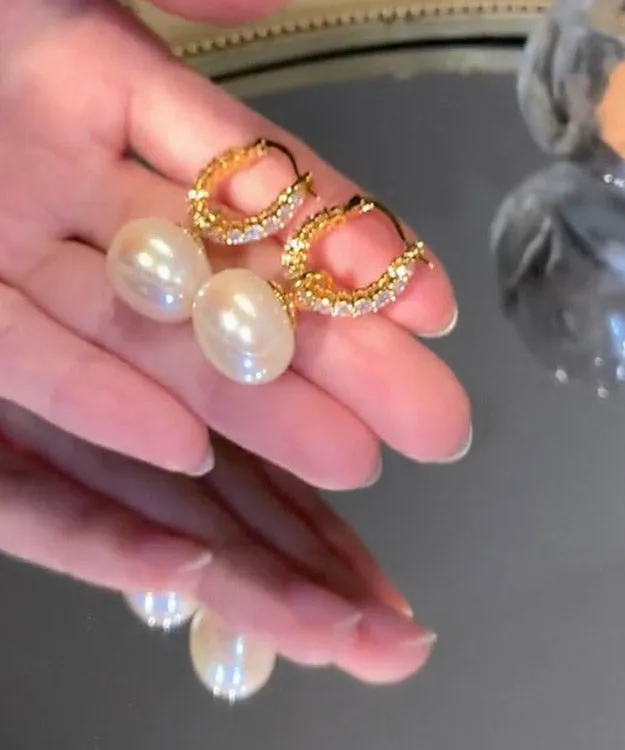 Fashion White Copper Overgild Pearl Hoop Earrings LY2296