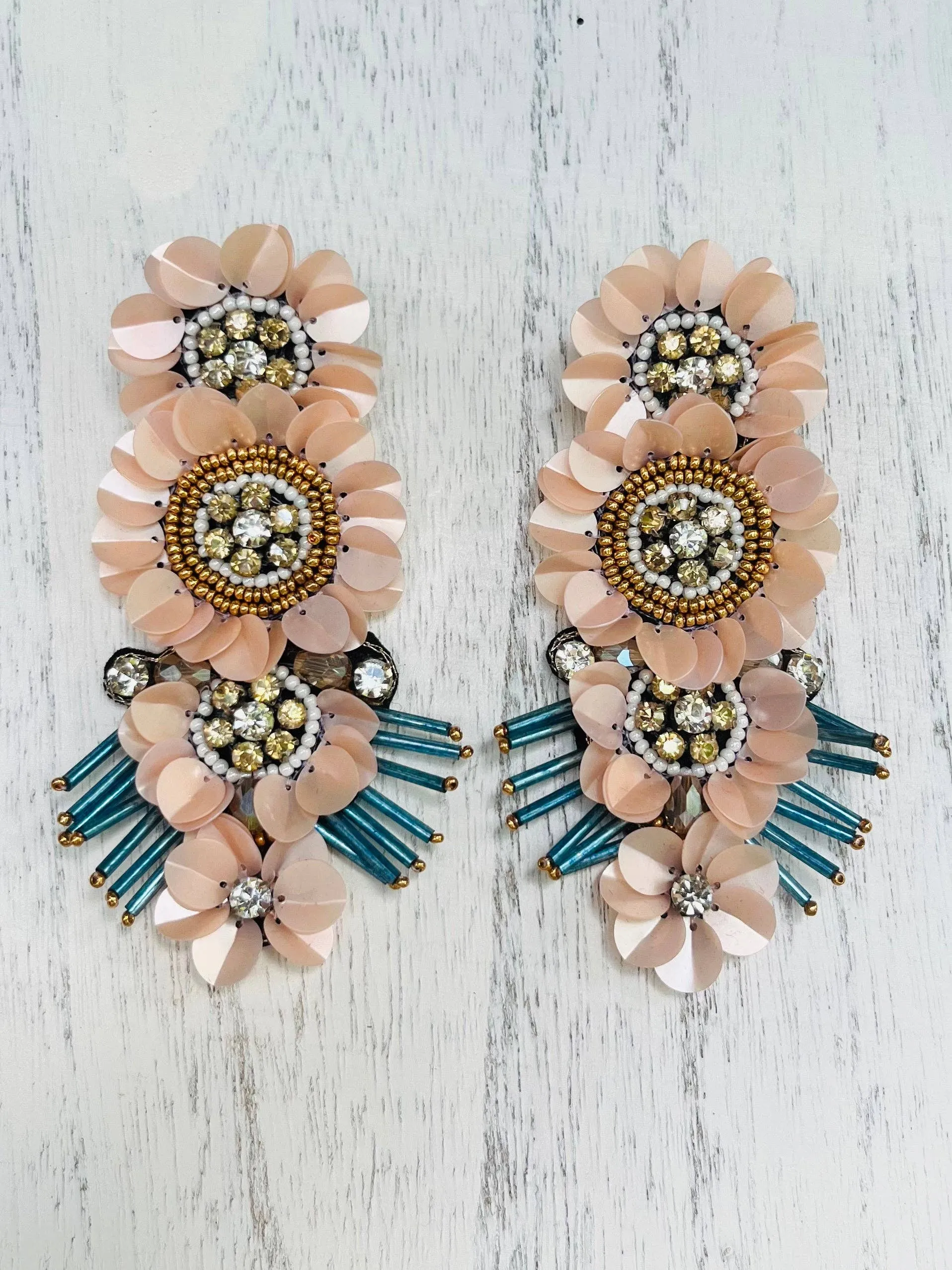 Floral Light Pink Beaded Statement Earrings