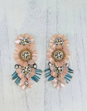 Floral Light Pink Beaded Statement Earrings