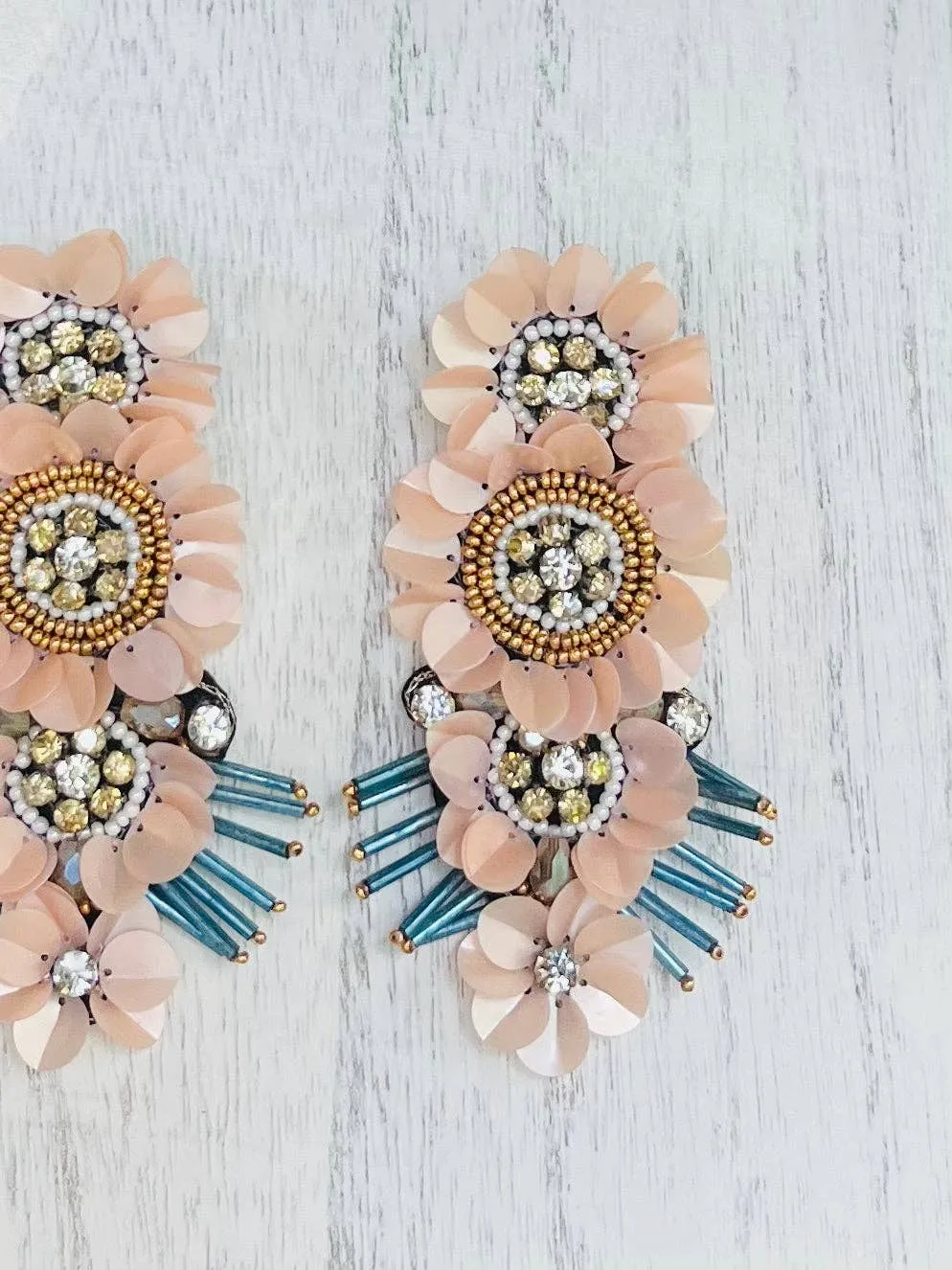 Floral Light Pink Beaded Statement Earrings