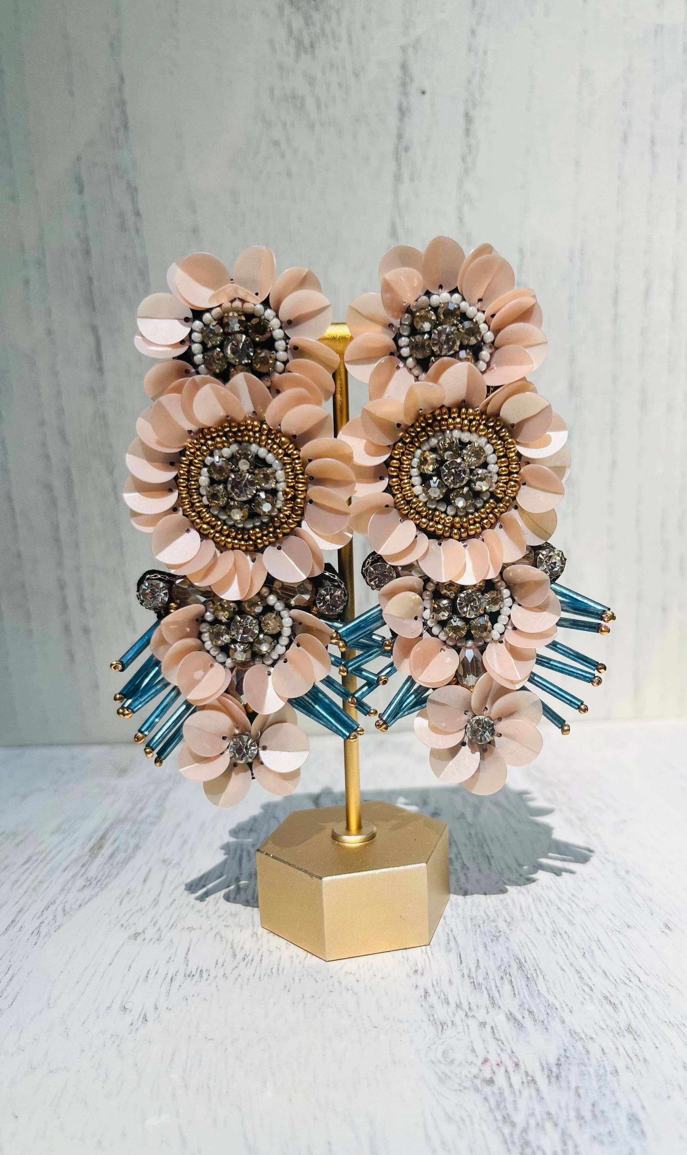 Floral Light Pink Beaded Statement Earrings
