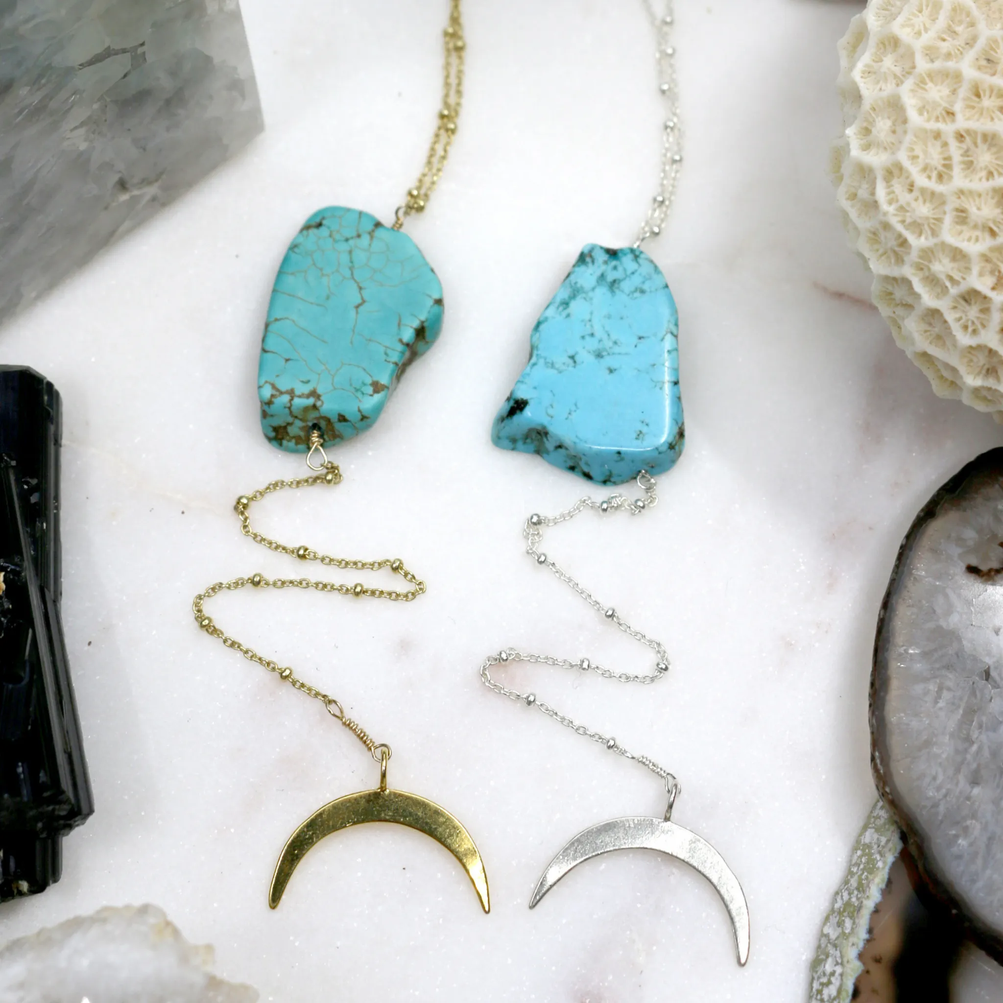 Green Tide // Turquoise Chunk Crescent Necklace, Silver, Gold Fill, Handmade // BH-N026