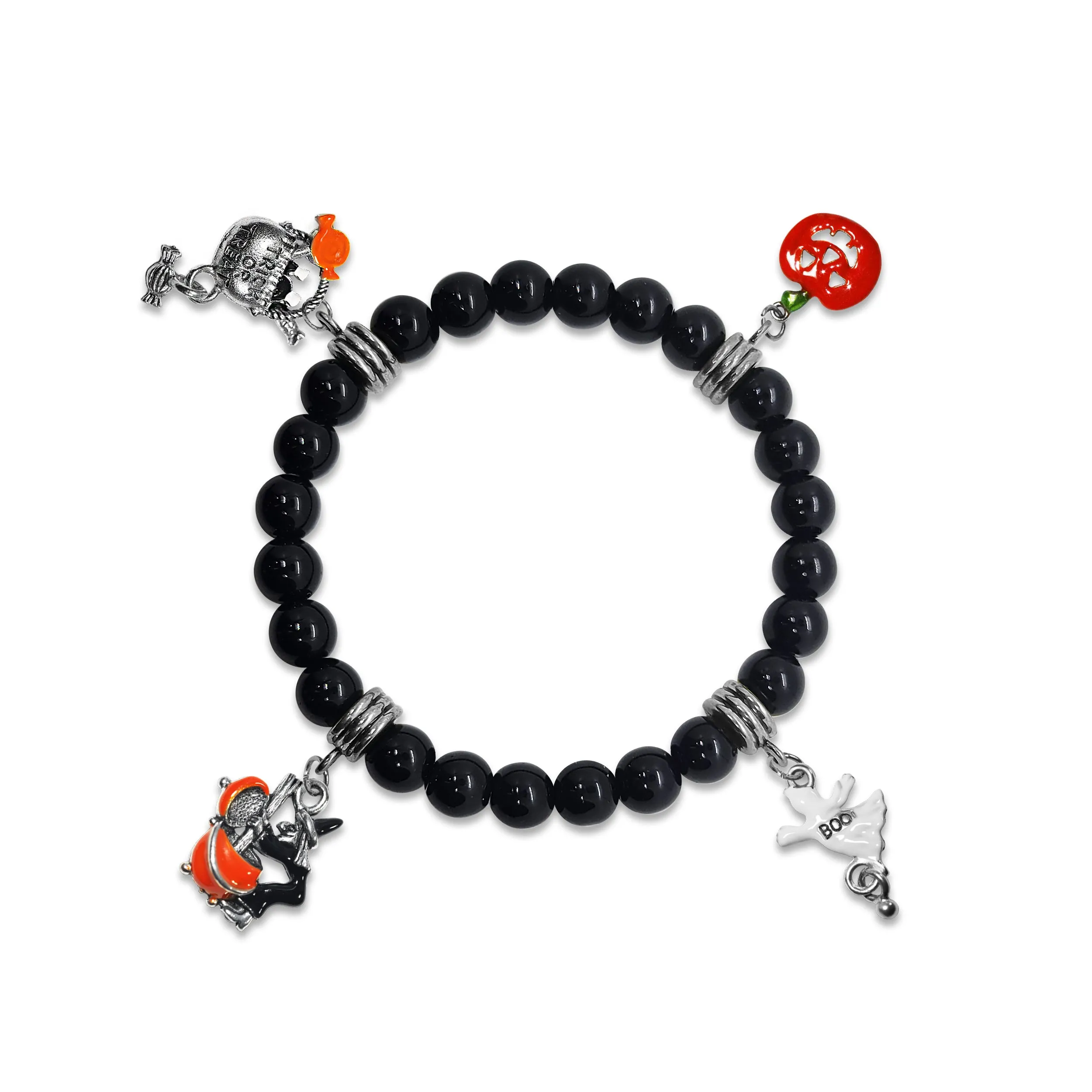 Halloween Trick or Treat Genuine Onyx Charm Bracelet | Handmade in USA | 4 Hand-Painted Charms